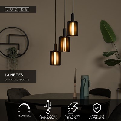 Lucide LAMBRES - Lámpara colgante - 3xE27 - Negro